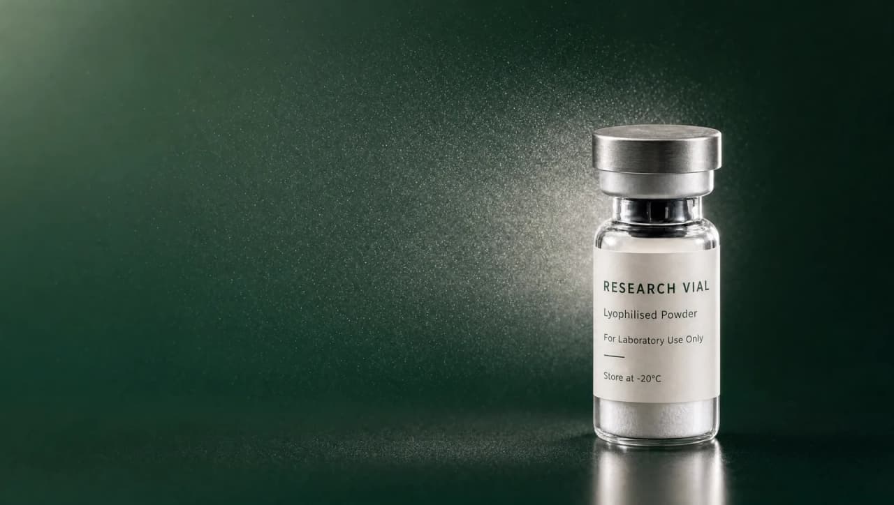 A single clear-glass METATIDE research vial haloed by a fine powder spray on a deep green field